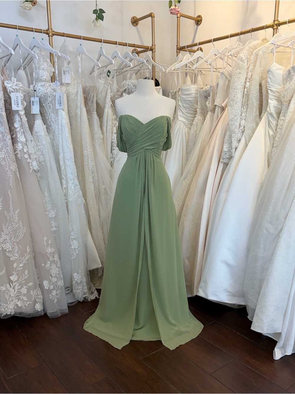 Bari Jay Strapless Sage Green Chiffon Gown